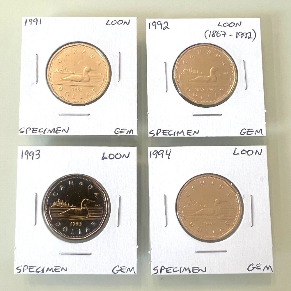 1991, 1992, 1993 and 1994 Canada Specimen Finish $1 Loonies!
